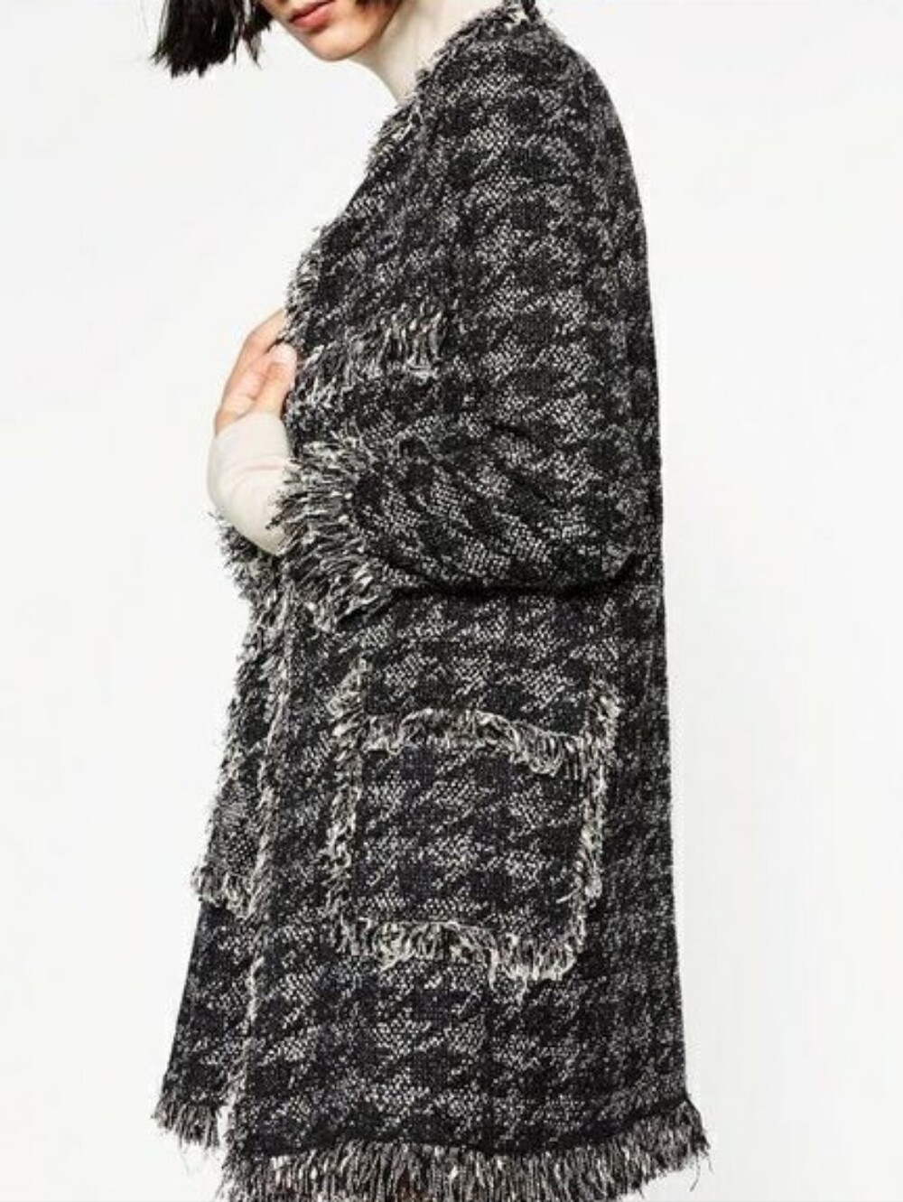Zara Oversized Houndstooth Fringe Tweed Boucle Coat Jacket Long Rustic Academia